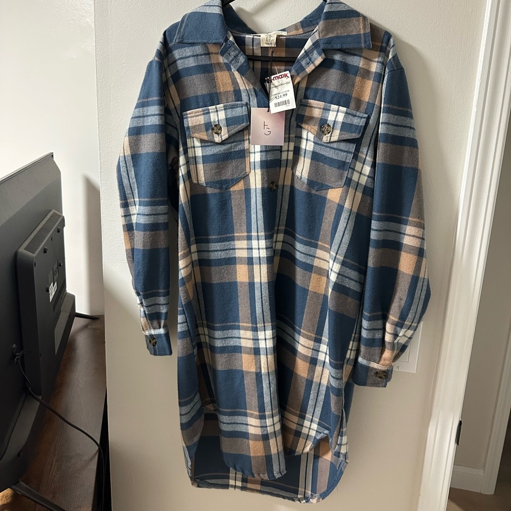 Blue and Tan Plaid Button Down Dress